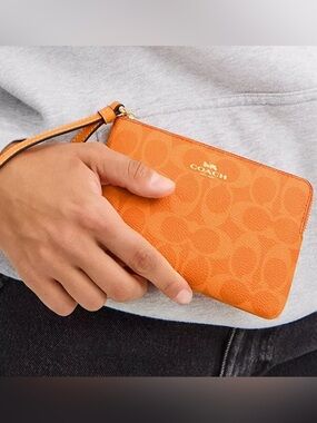 . Coach CAQ75 Bright Mandarin Orange Corner Zip Wristlet In Signature Canvas